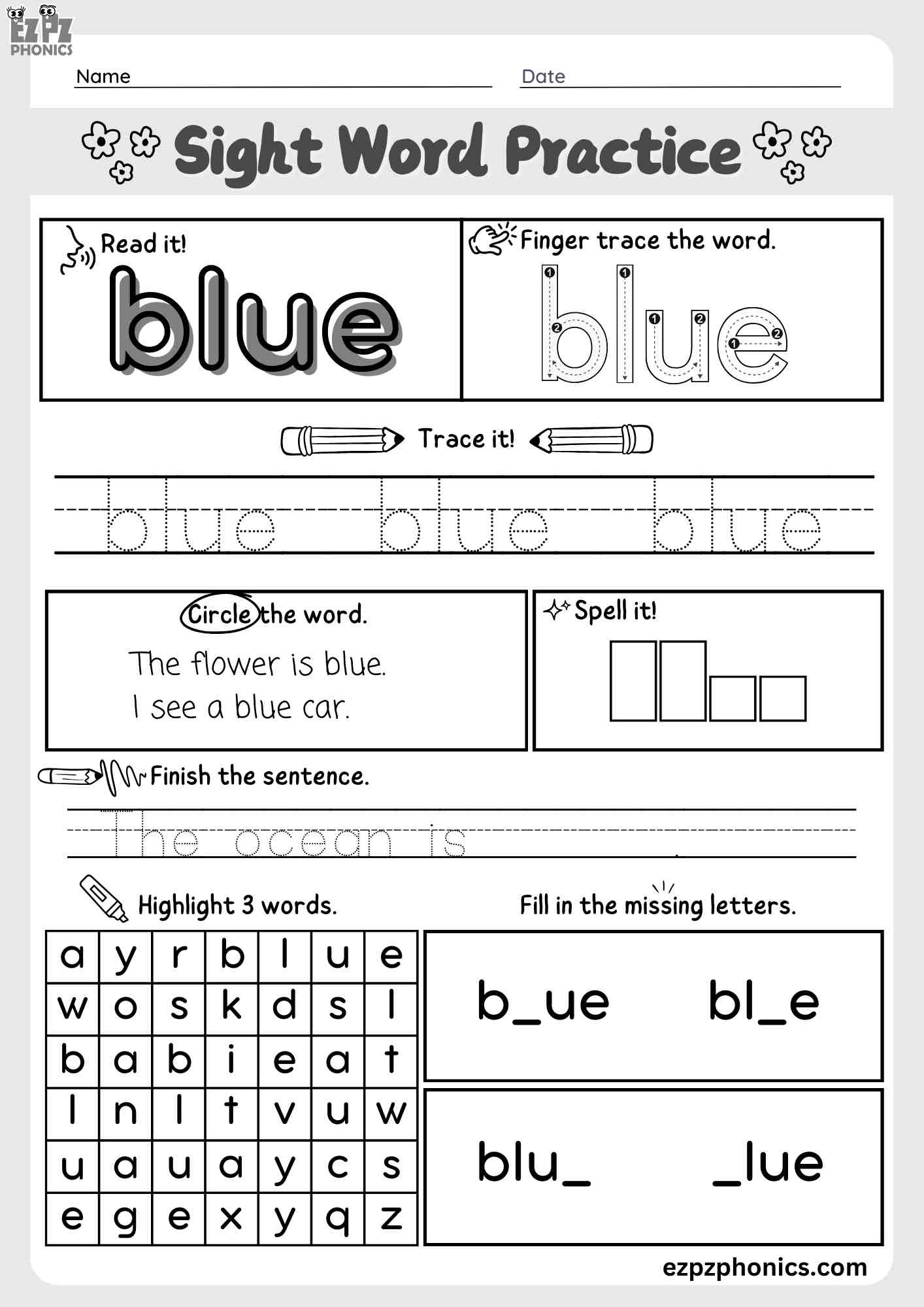 The Word "Blue" Dolch Sight Word Worksheet Activity for Pre-Kindergarten and Kindergarten Students PDF Download